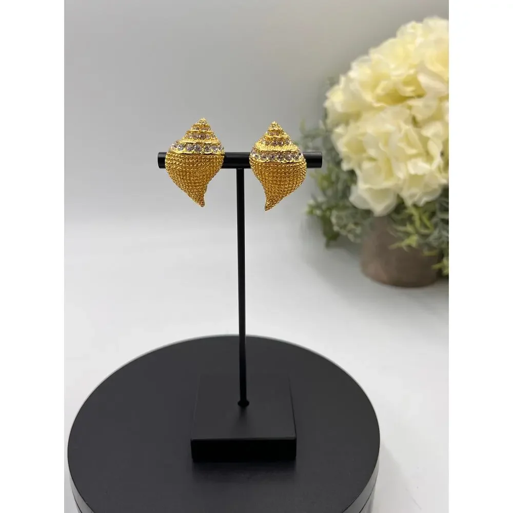 Kenneth Jay Lane KJL Vintage‎ Gold Crystal Seashell Crystal Clip On Earrings - Picture 2 of 9